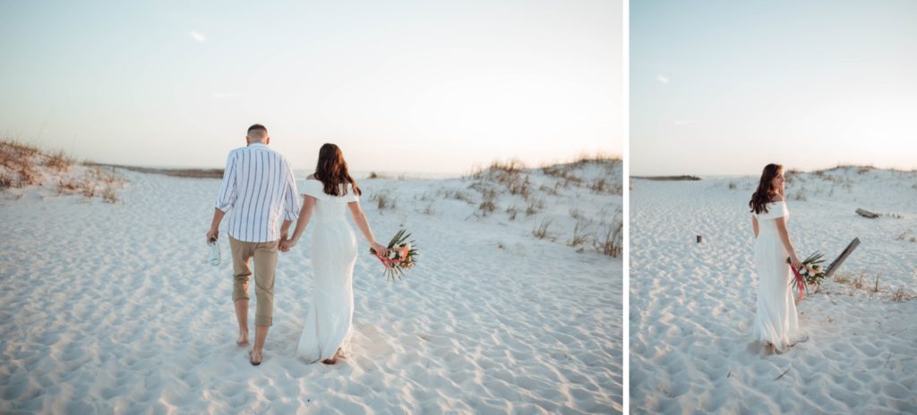 bride and groom walking on the sands of Navarre Beach after eloping